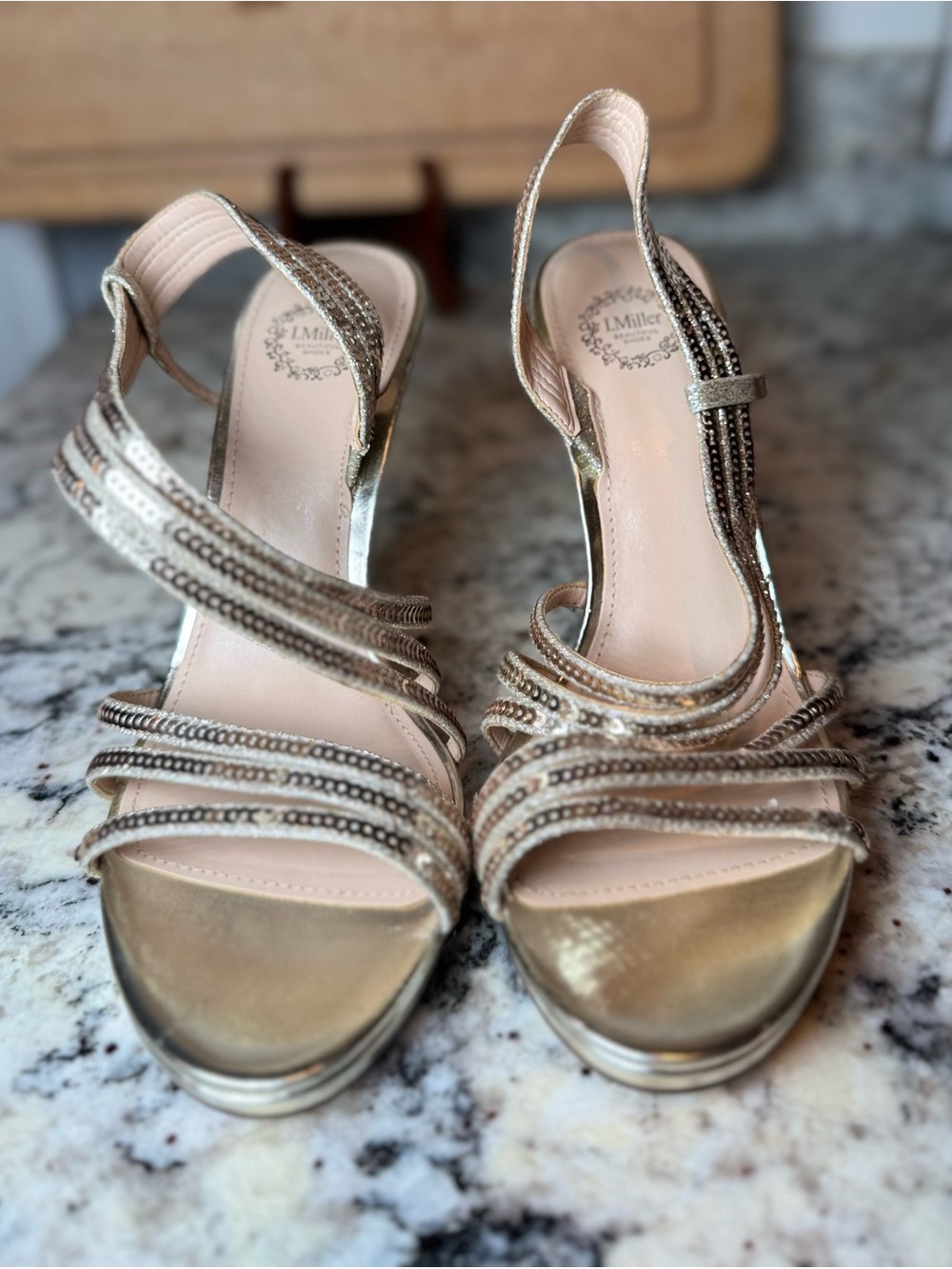 L. Miller Gold Beaded Slingback Heels